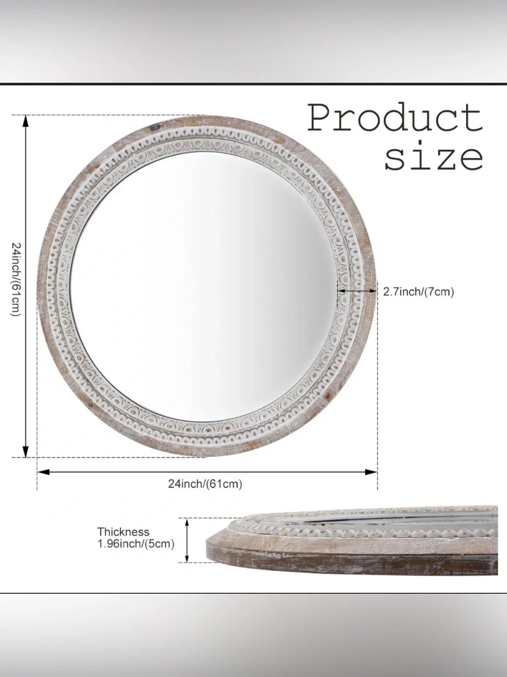 Round Decorative Wall Mirror in White and Natural Wood Tones